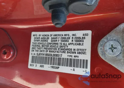 2003 Honda Element Ex из США, поврежденный, VIN 5J6YH18503L008517